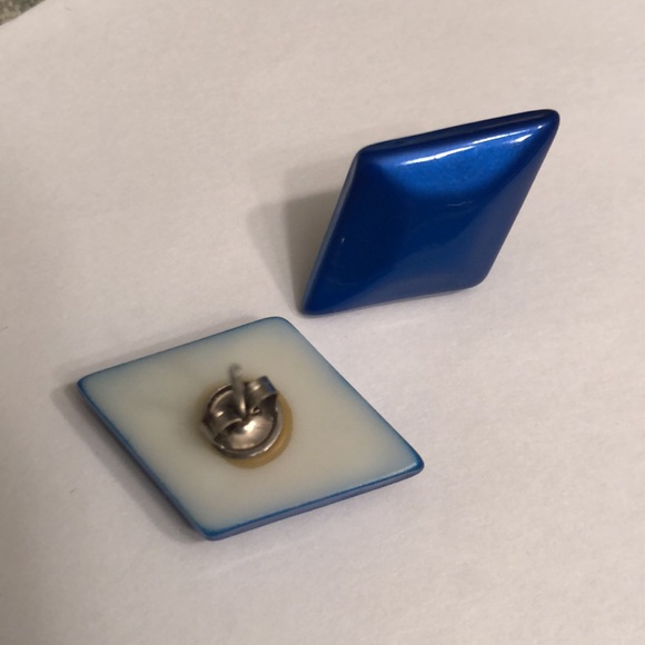 Vintage Royal Blue Glossy Beveled Diamond Shape Stud  Pierced Earrings - #432 - Picture 3 of 7
